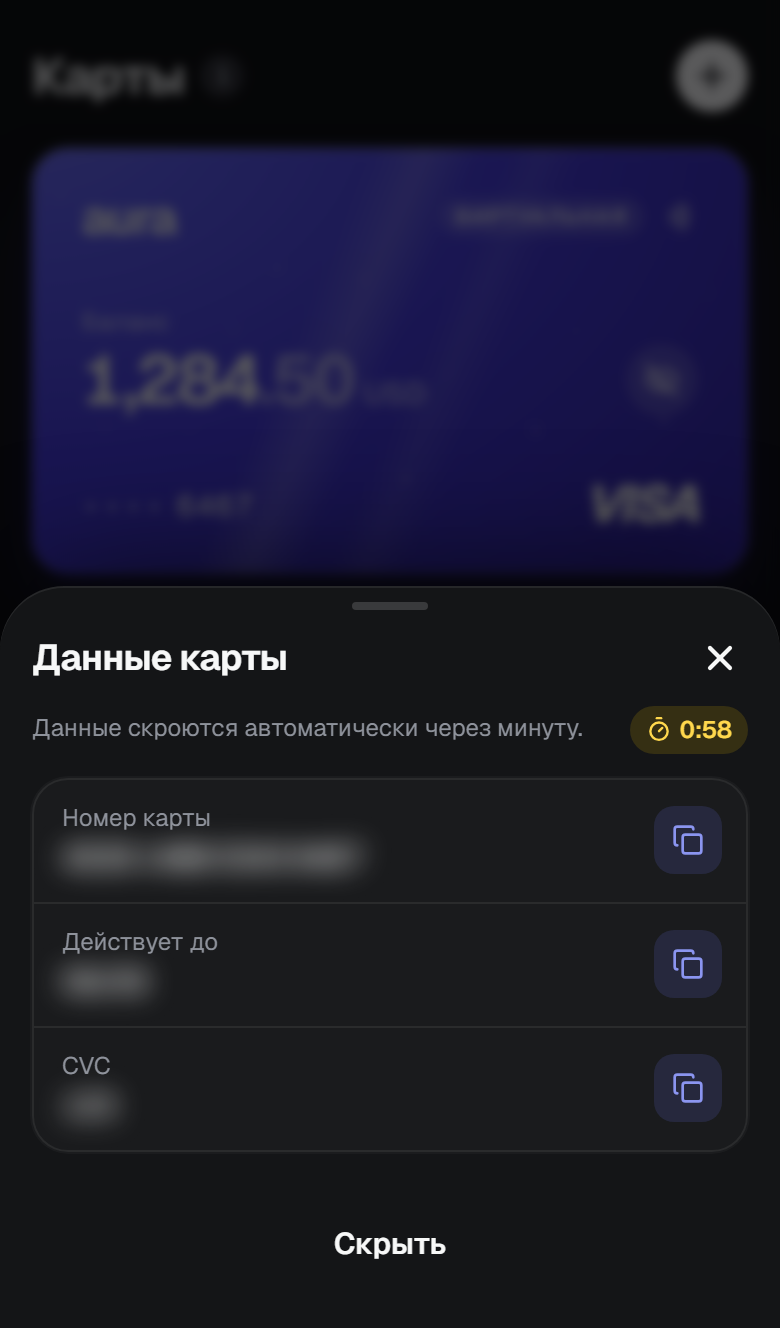 Окно «Данные карты» с таймером
